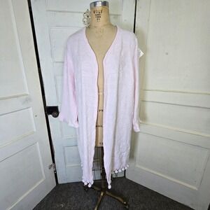 Vintage pink cotton jacquard spread  pom pom upcycled into duster.  Light weight